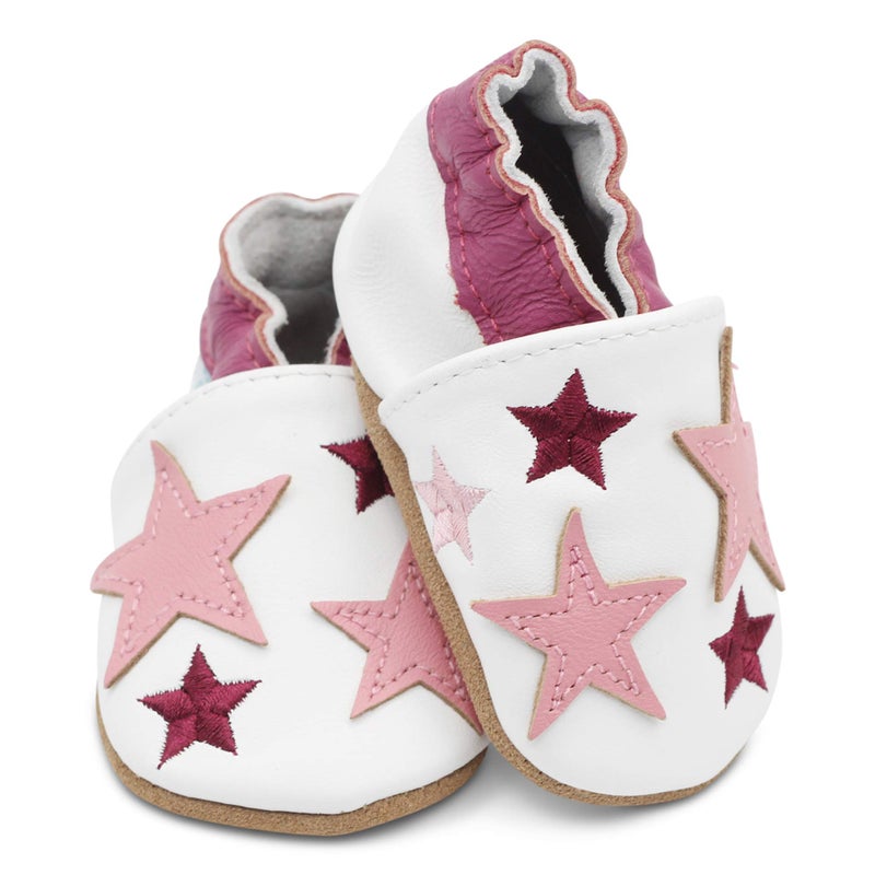 Dotty Fish Soft Leather Infant Shoes Girls pre-Walkers. White with Pink Stars. 18-24 Months - Image 5